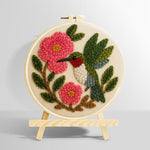 Hummingbird and pink flowers punch needle kit for beginners