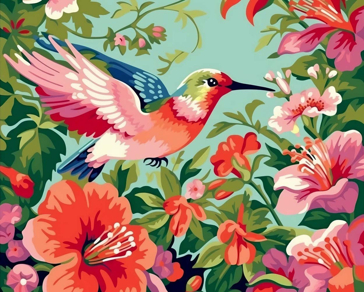 Hummingbird feeding on flowers cross stitch kit for beginners