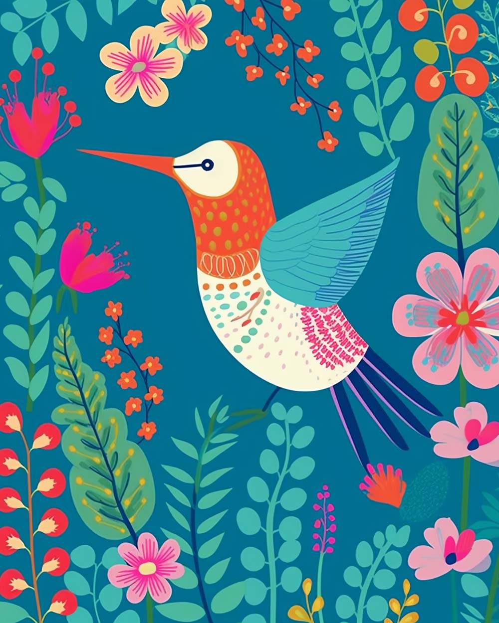 Hummingbird in floral jungle cross stitch kit for beginners