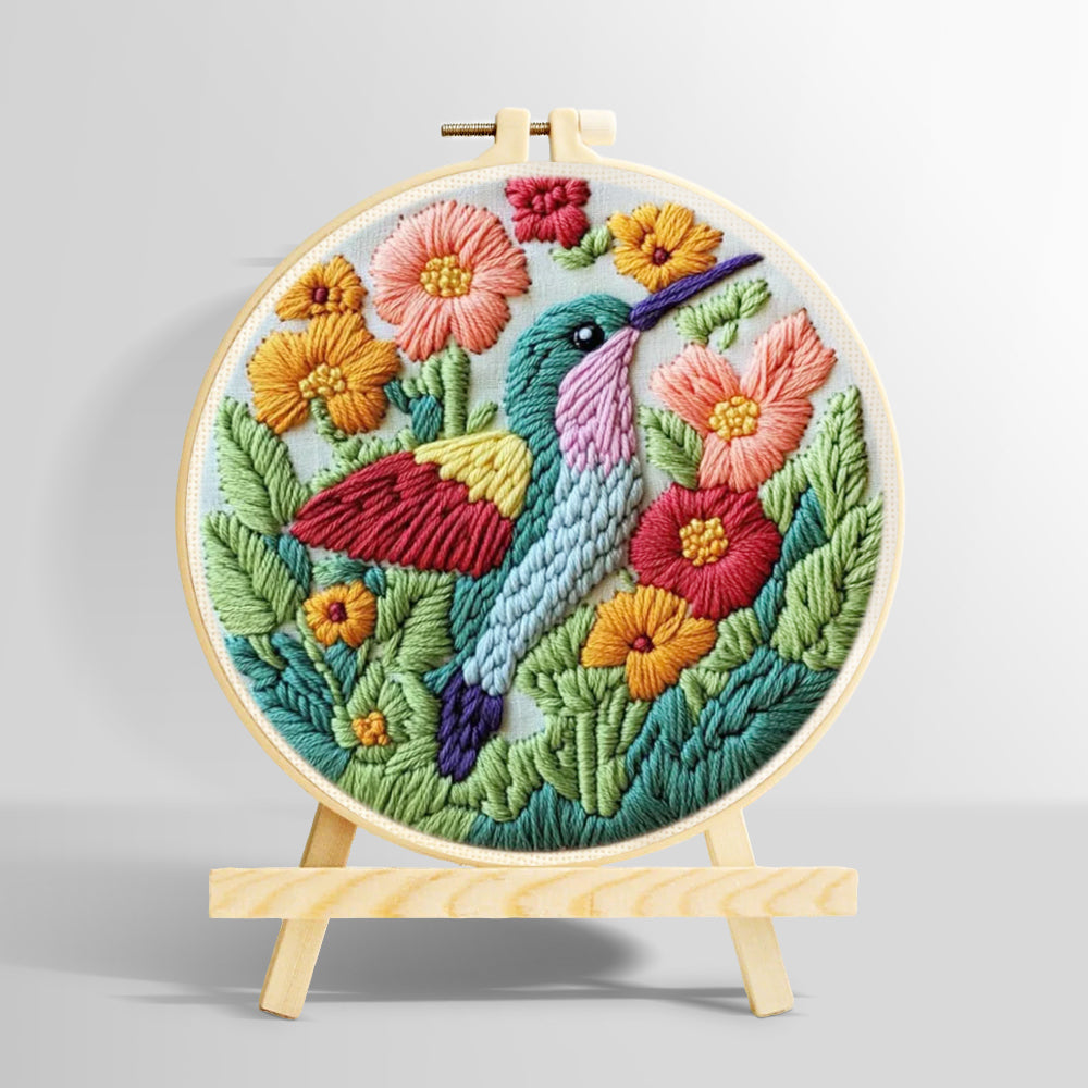 Hummingbird in the flower bushes punch needle kit for beginners