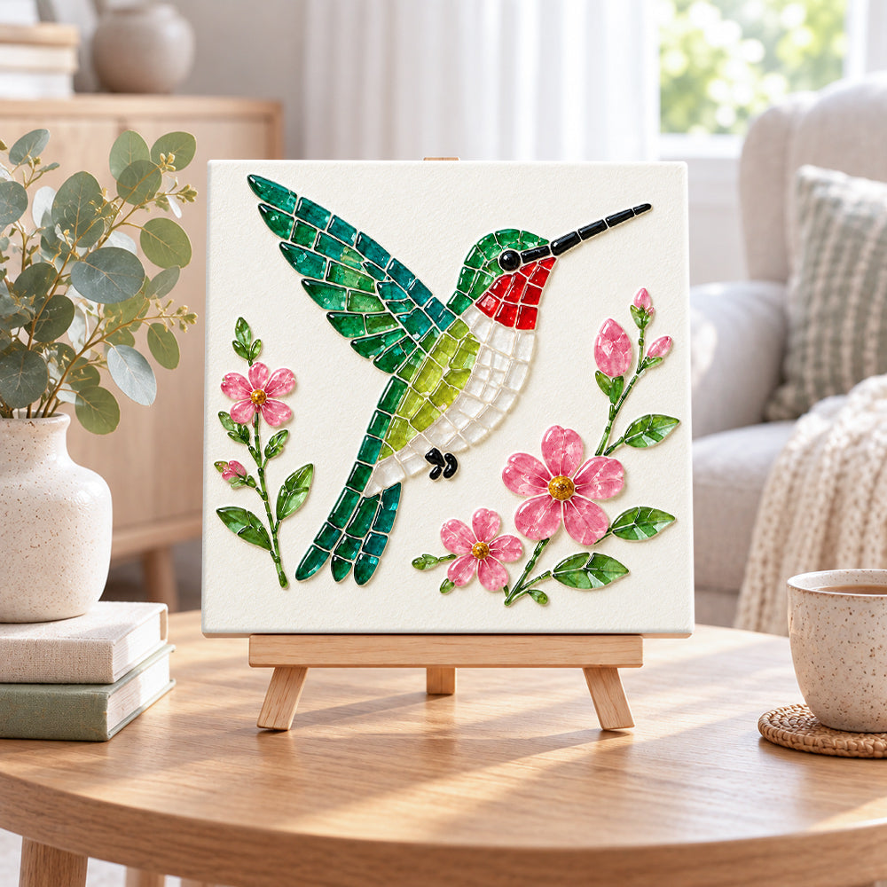Hummingbird sea glass art kit displayed as seasonal home decor
