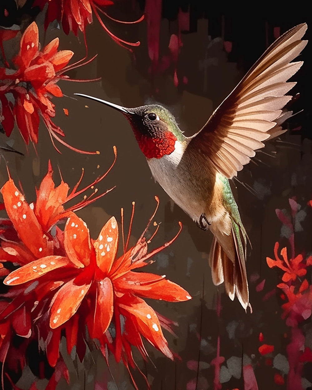 Hummingbird with red blooms cross stitch kit for beginners