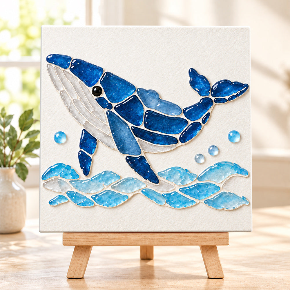 Humpback whale sea glass art kit finished artwork on display
