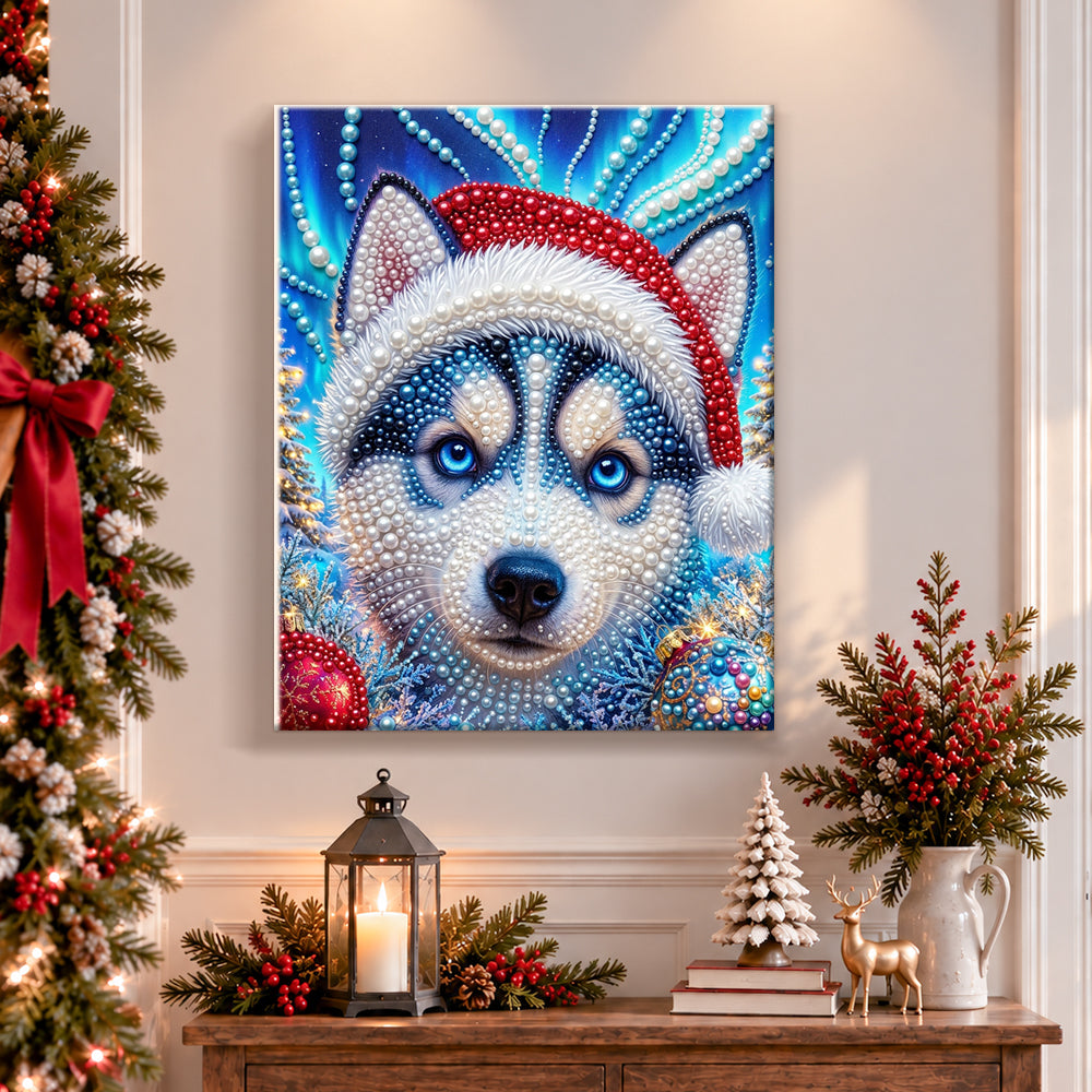 Finished husky with christmas santa hat pearl diamond painting artwork displayed as holiday home decor