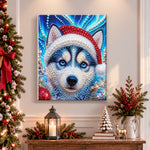 Finished husky with christmas santa hat pearl diamond painting artwork displayed as holiday home decor