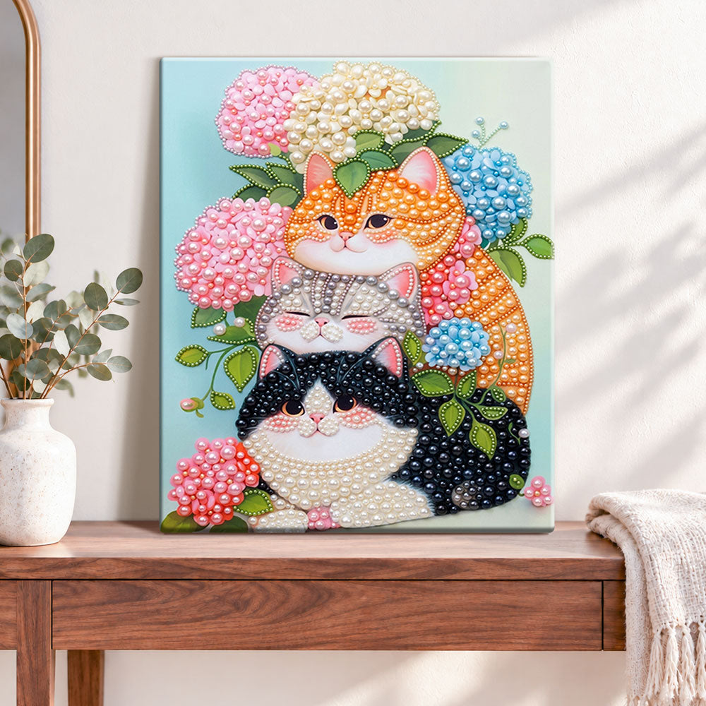 Finished hydrangea pearl cats pearl diamond painting artwork displayed as home decor