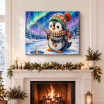 Finished ice‑fishing penguin pearl diamond painting artwork displayed as holiday home decor