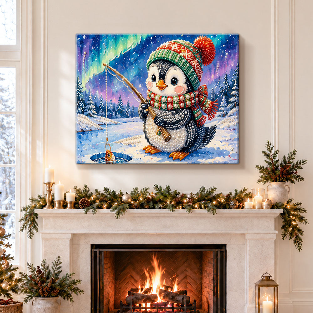 Finished ice‑fishing penguin pearl diamond painting artwork displayed as holiday home decor
