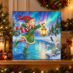 Finished ice‑skating christmas elf pearl diamond painting artwork displayed as holiday home decor