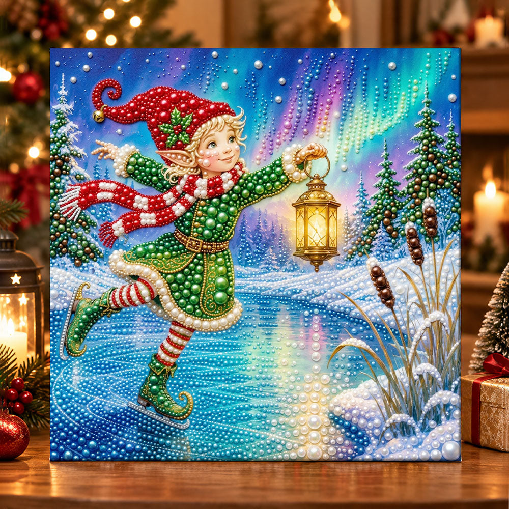 Ice‑skating christmas elf pearl diamond painting kit for beginners