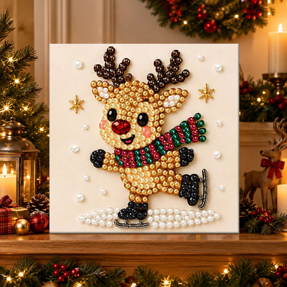 Finished ice‑skating little reindeer pearl diamond painting artwork displayed as holiday home decor