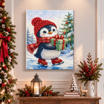 Finished ice‑skating penguin pearl diamond painting artwork displayed as holiday home decor