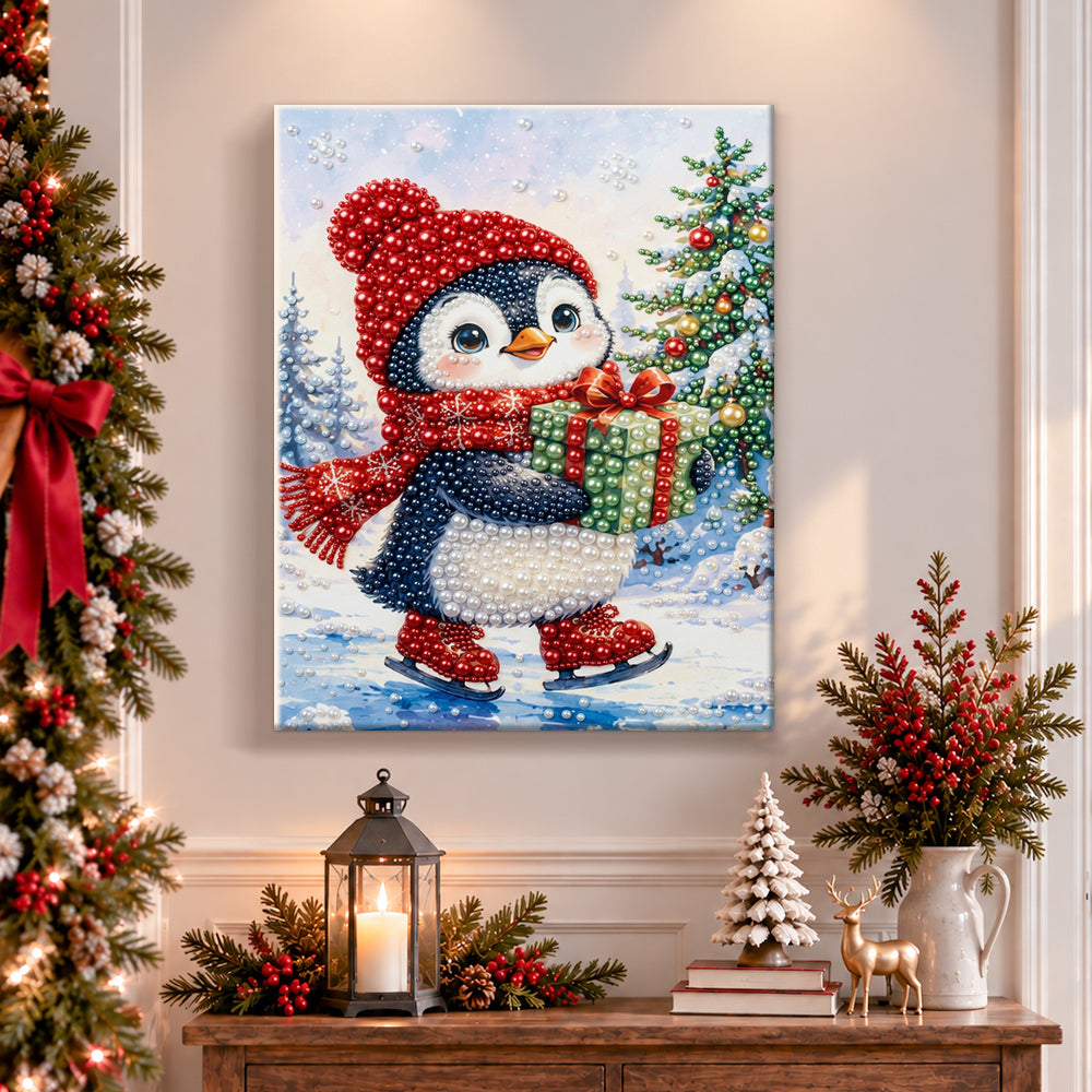 Finished ice‑skating penguin pearl diamond painting artwork displayed as holiday home decor