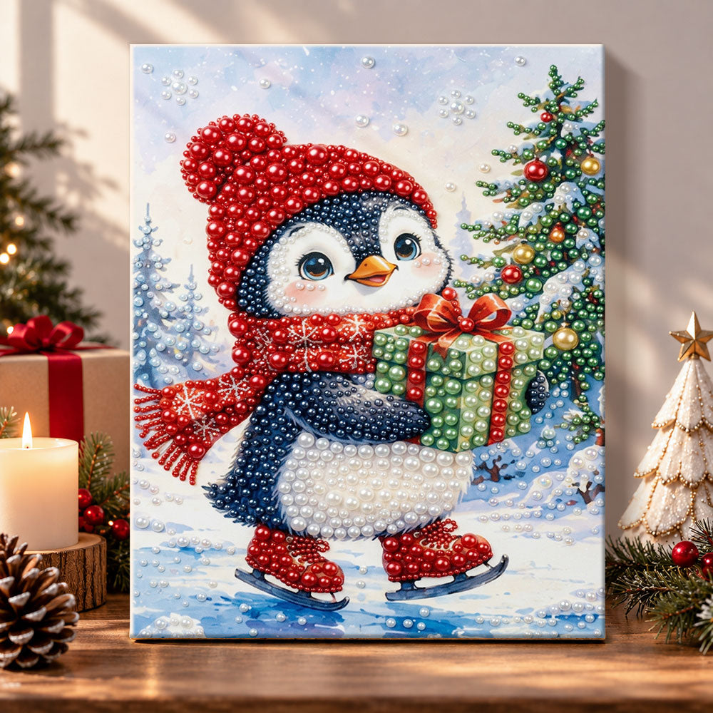 Ice‑skating penguin pearl diamond painting kit for beginners