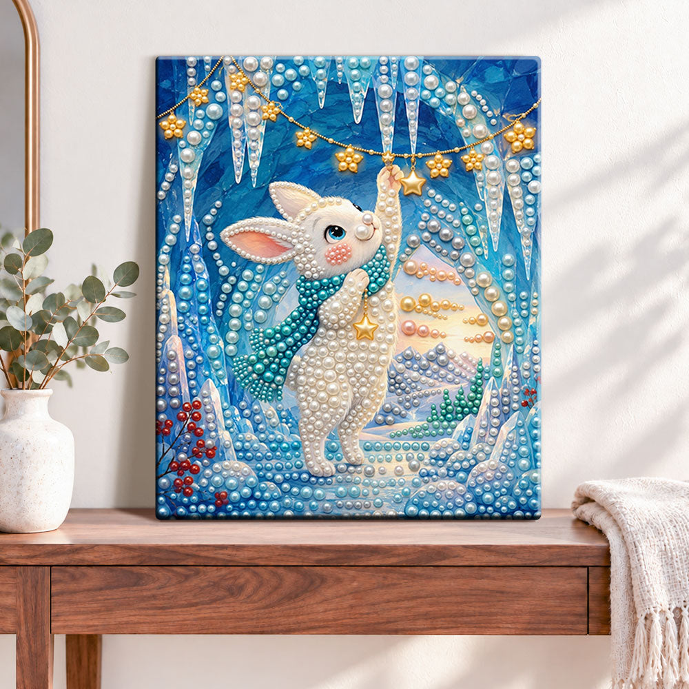 Finished icy star bunny pearl diamond painting artwork displayed as home decor