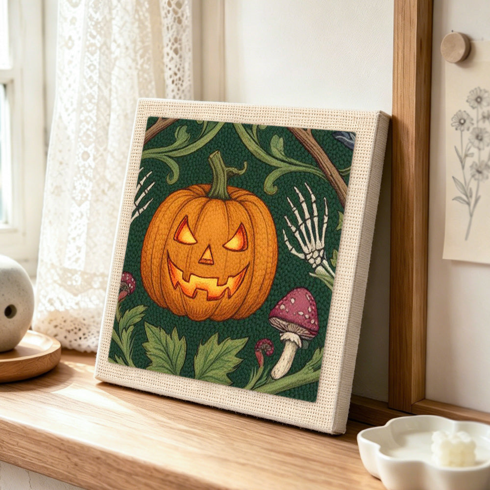 Illuminated halloween pumpkin punch needle artwork displayed on a table