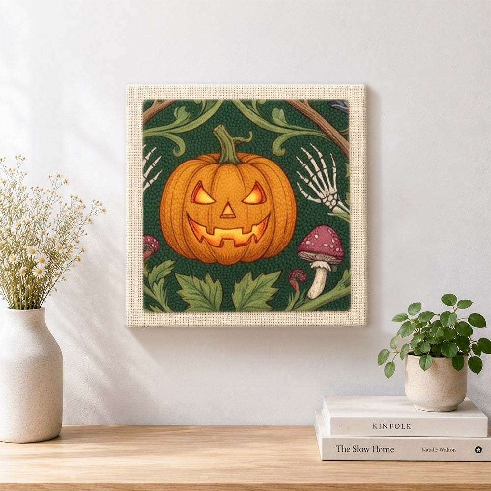 Finished illuminated halloween pumpkin artwork displayed on a wall