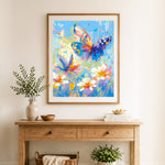 Finished impasto colorful butterflies cross stitch artwork displayed as home decor