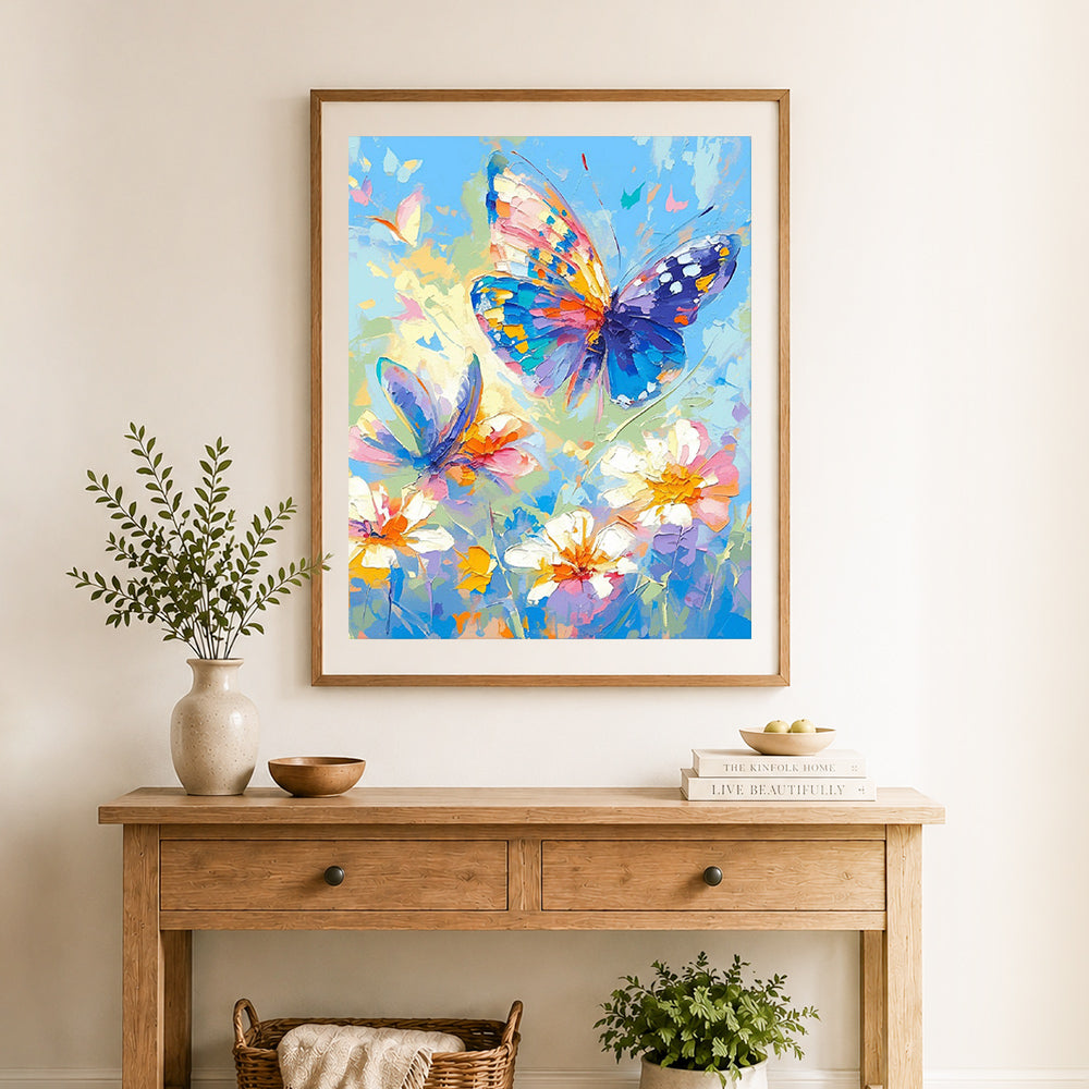 Finished impasto colorful butterflies cross stitch artwork displayed as home decor