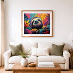 Finished impasto painted sloth cross stitch artwork displayed as home decor