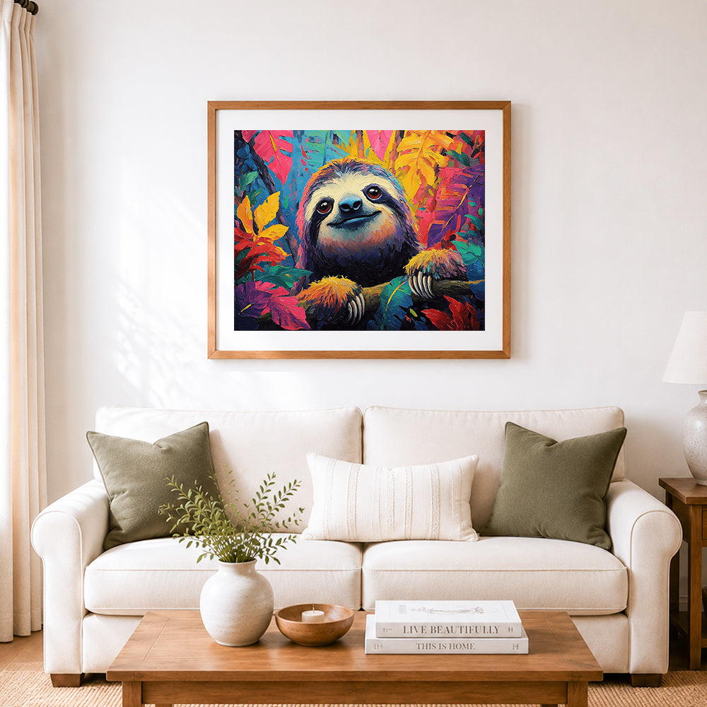 Finished impasto painted sloth cross stitch artwork displayed as home decor
