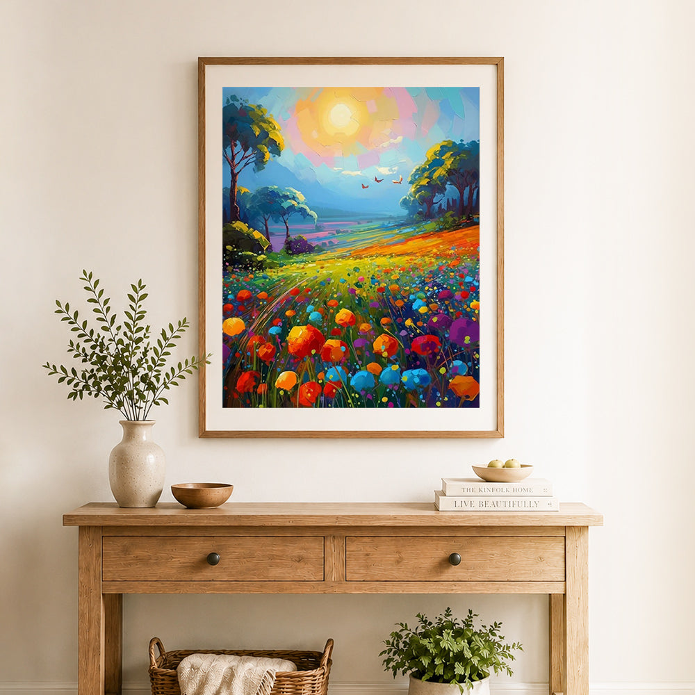 Finished impasto wildflower meadow at sunrise cross stitch artwork displayed as home decor