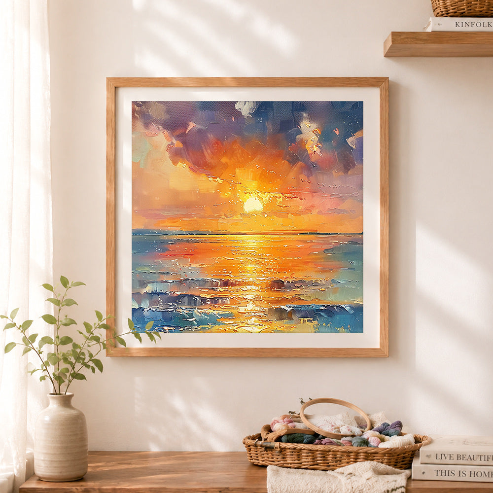 Finished impression sea sunset cross stitch artwork displayed as home decor