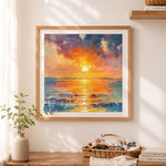 Finished impression sea sunset cross stitch artwork displayed as home decor