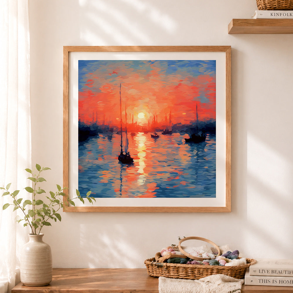 Finished impressionist sunset over the harbor cross stitch artwork displayed as home decor