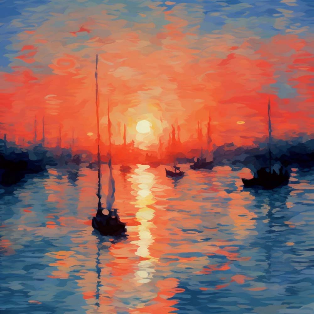 Impressionist sunset over the harbor cross stitch kit for beginners
