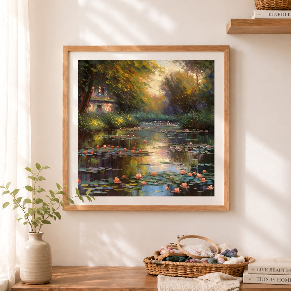 Finished impressionist water lily pond cross stitch artwork displayed as home decor