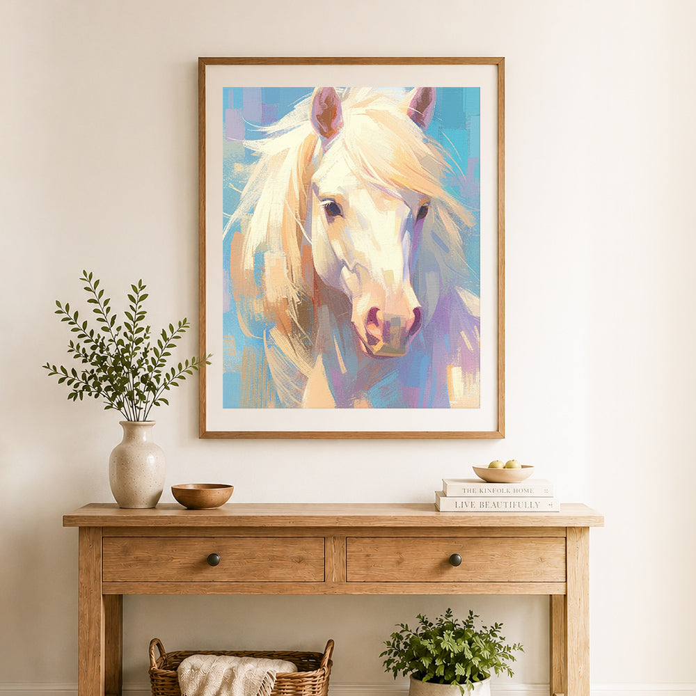 Finished impressionist white horse cross stitch artwork displayed as home decor