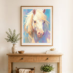 Finished impressionist white horse cross stitch artwork displayed as home decor