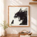 Finished ink art cat confrontation cross stitch artwork displayed as home decor