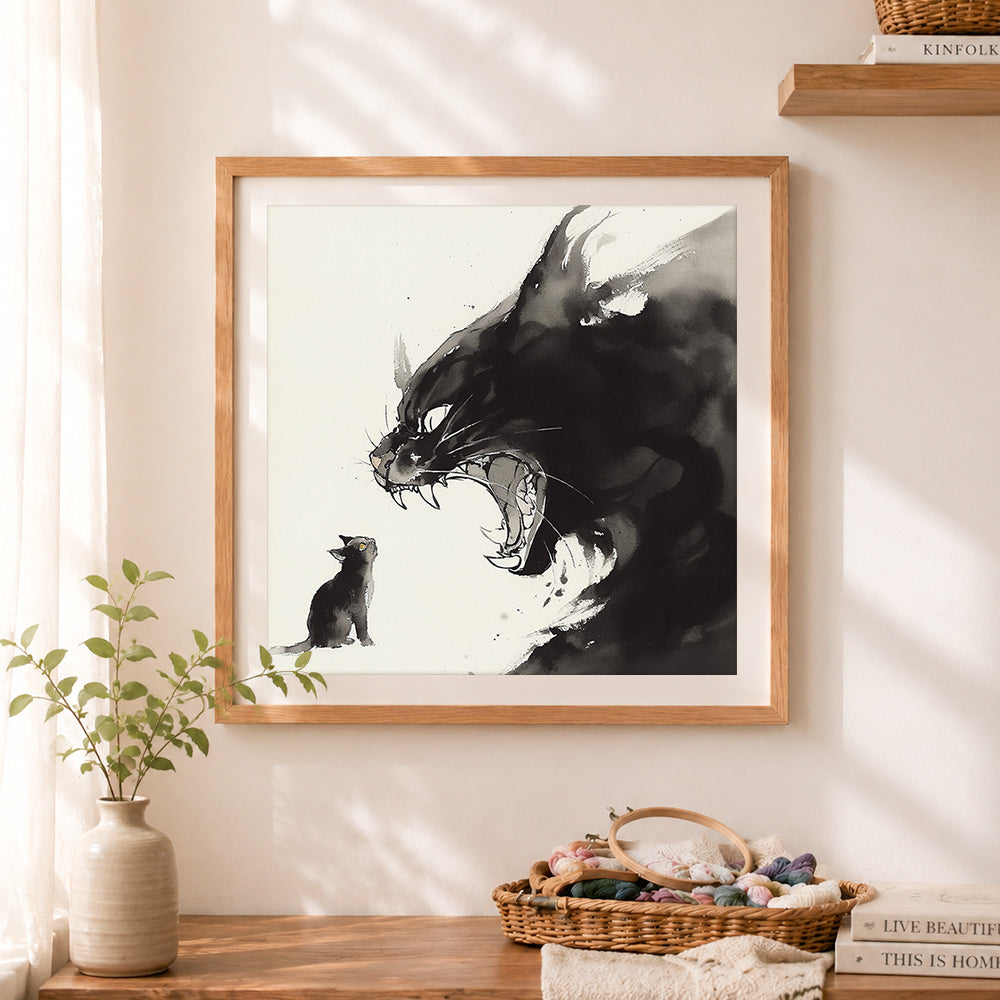 Finished ink art cat confrontation cross stitch artwork displayed as home decor