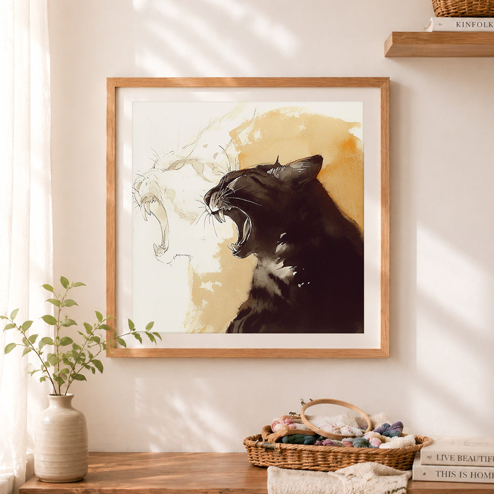 Finished ink roaring black cat cross stitch artwork displayed as home decor