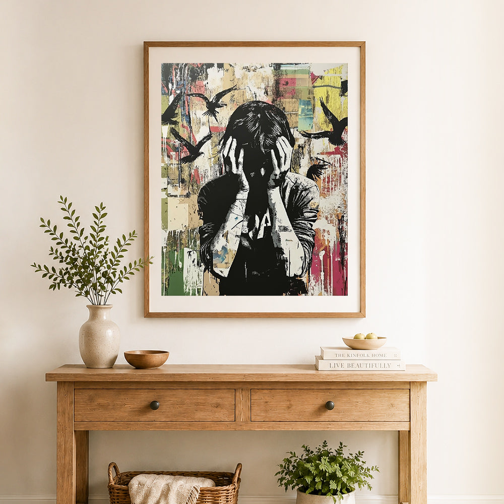 Finished inner turmoil cross stitch artwork displayed as home decor