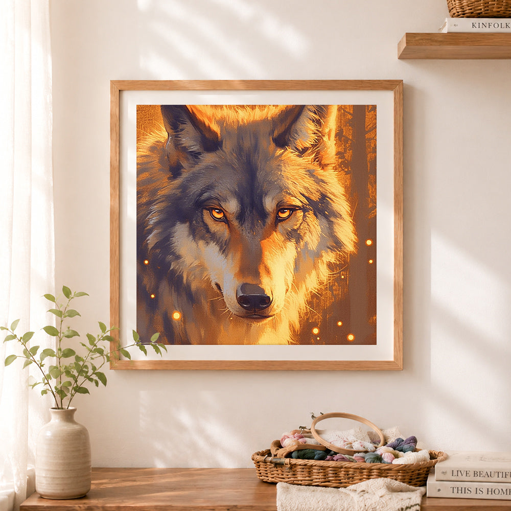 Finished intense golden-eyed wolf cross stitch artwork displayed as home decor
