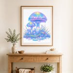 Finished iridescent dewy mushrooms cross stitch artwork displayed as home decor
