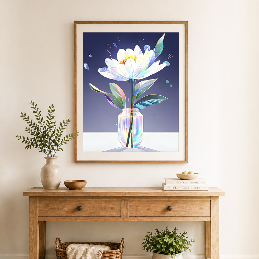 Finished iridescent white bloom cross stitch artwork displayed as home decor