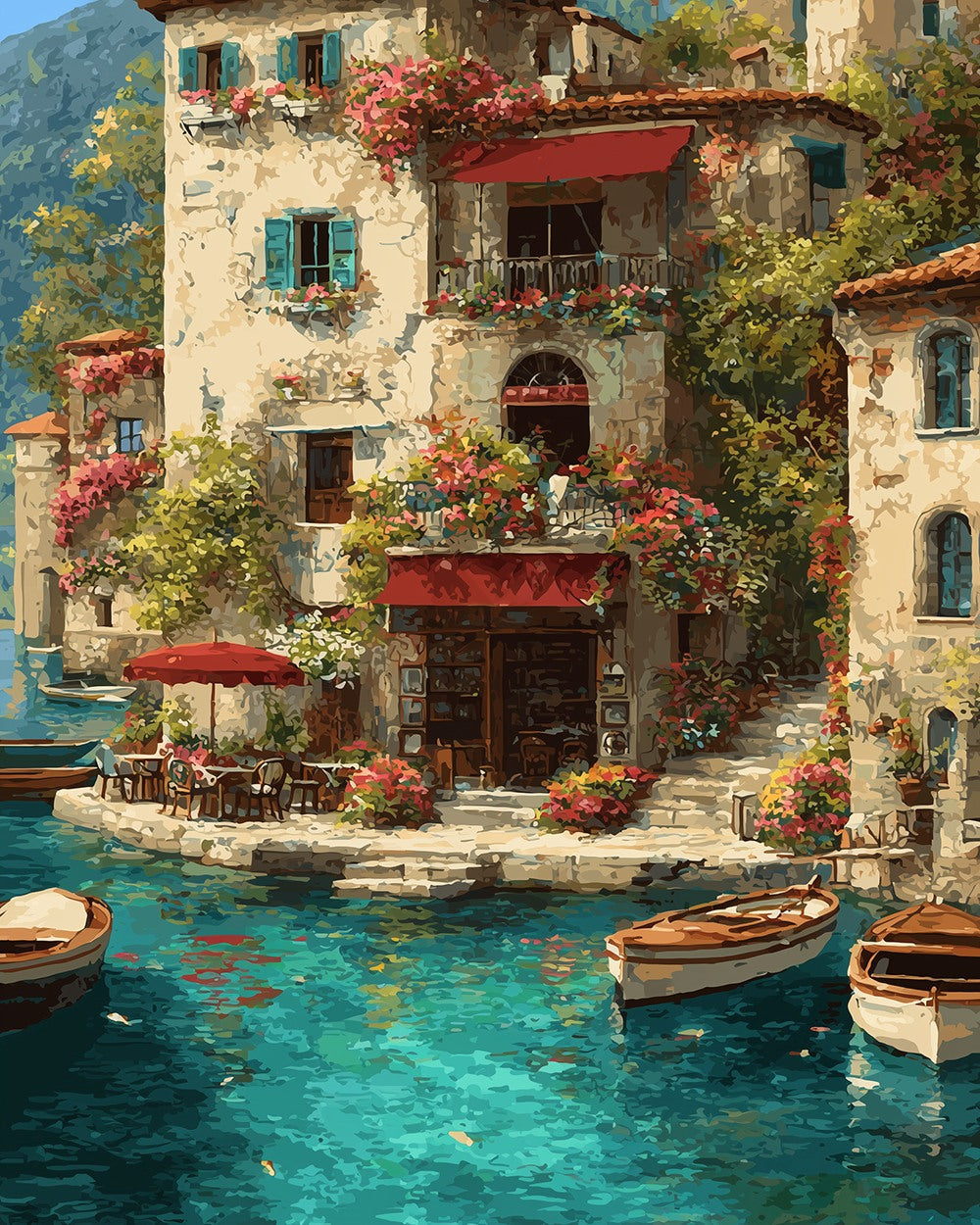 Italian lake house with boats cross stitch kit for beginners