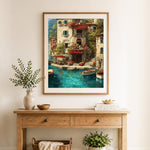 Finished italian lake house with boats cross stitch artwork displayed as home decor