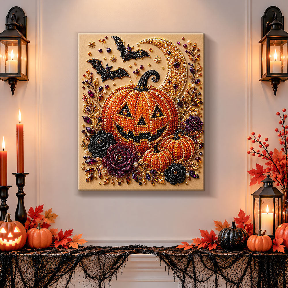 Finished jack‑o‑lantern and bats pearl diamond painting artwork displayed as holiday home decor