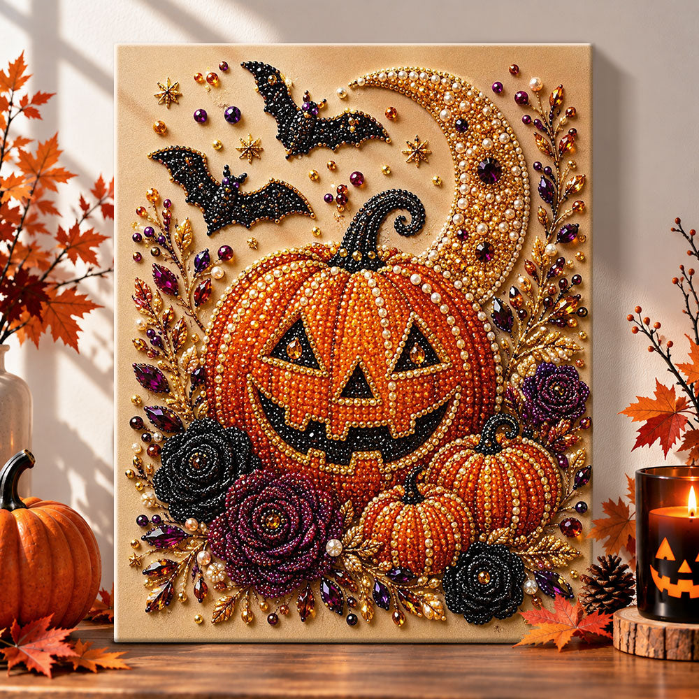 Jack‑o‑lantern and bats pearl diamond painting kit for beginners