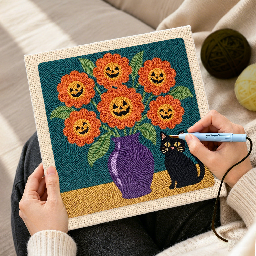 Creating handmade jack‑o‑lantern blooms punch needle artwork