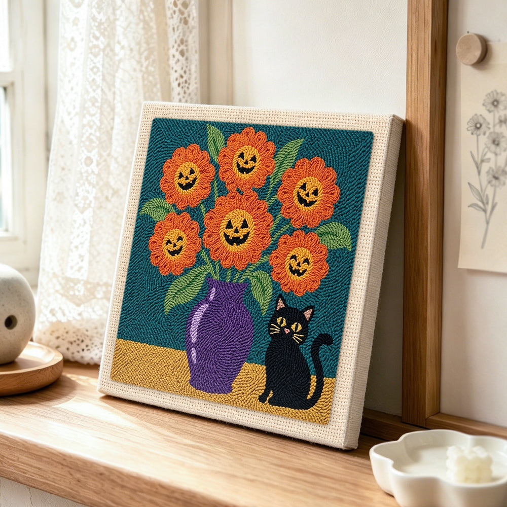Jack‑o‑lantern blooms punch needle artwork displayed on a table