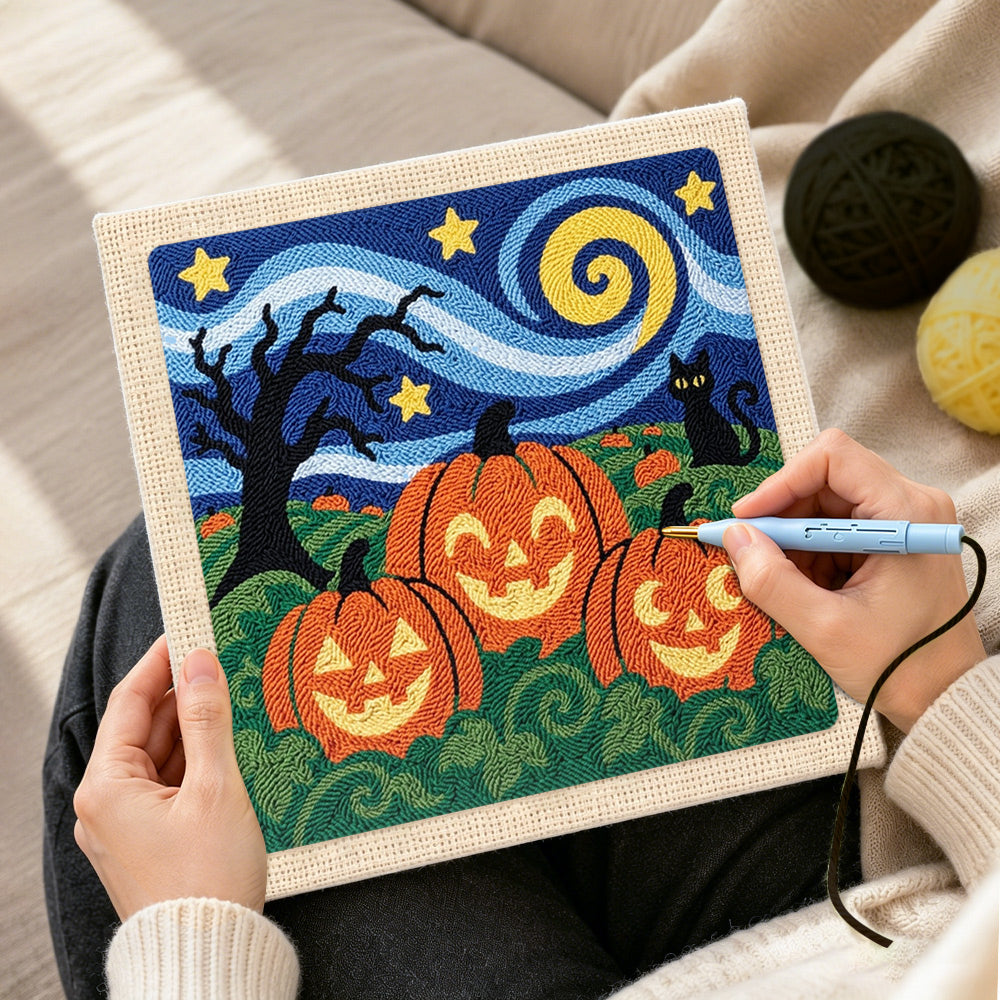 Creating handmade jack‑o‑lantern field scene punch needle artwork