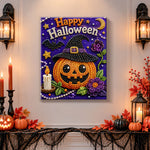 Finished jack‑o‑lantern halloween art pearl diamond painting artwork displayed as holiday home decor