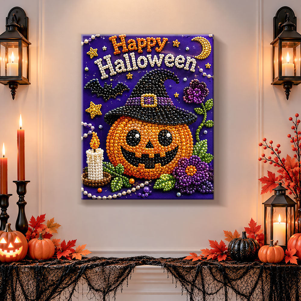 Finished jack‑o‑lantern halloween art pearl diamond painting artwork displayed as holiday home decor