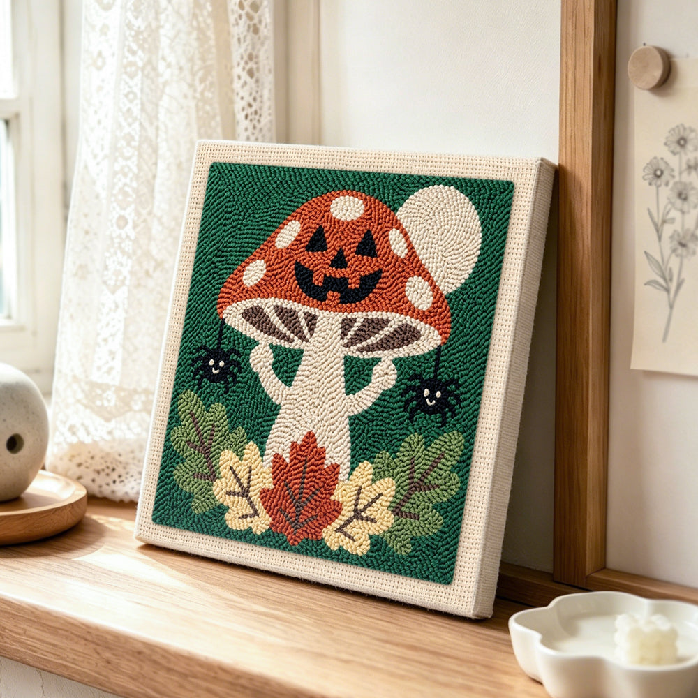 Jack‑o‑lantern mushroom punch needle artwork displayed on a table